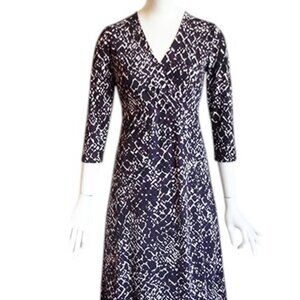 SIGRID OLSEN Plum Black Abstract Art Print Surplice Wrap Corp Core Knit Dress XS